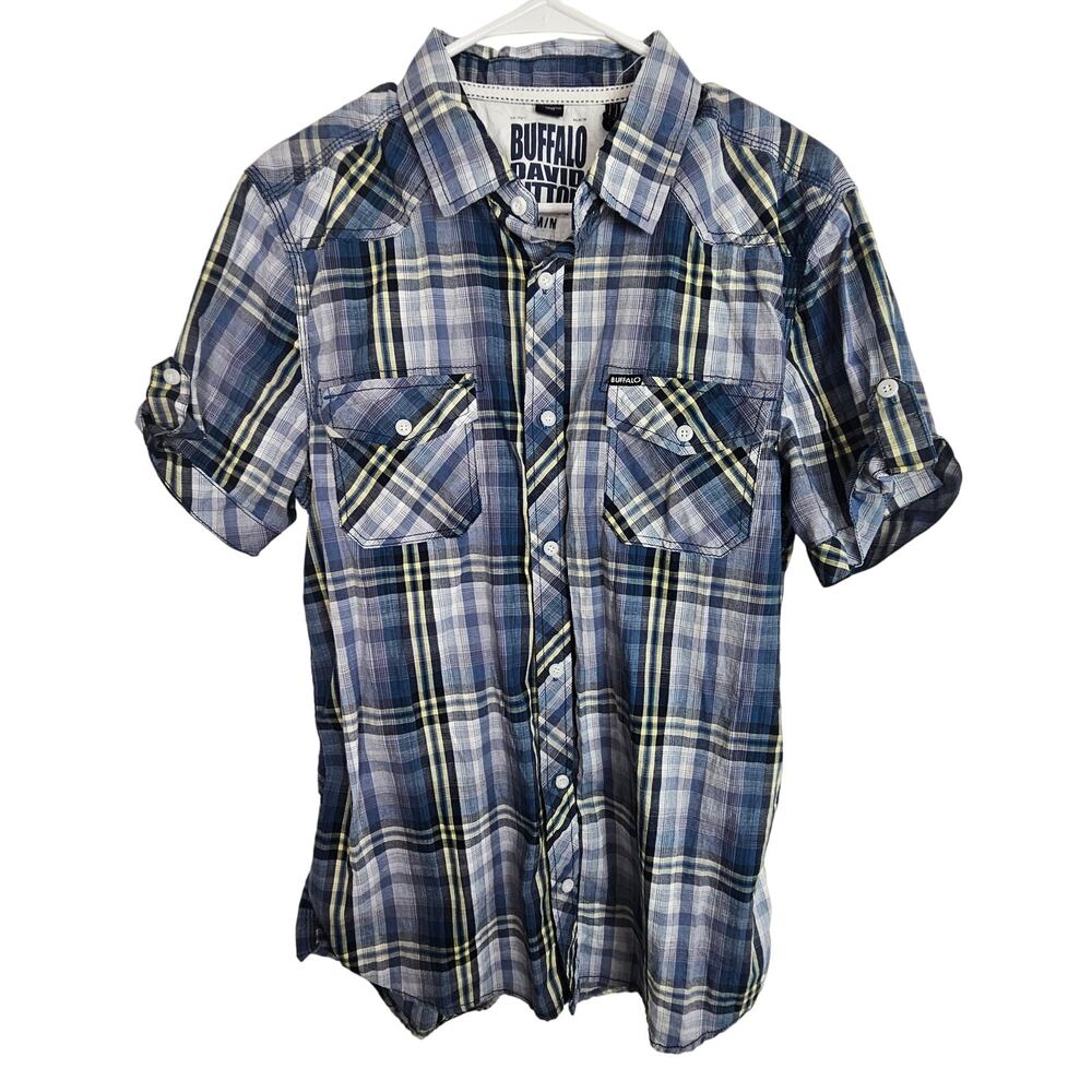 NEW Buffalo David Bitton Shirt Blue Plaid Western Shirt Button Short Sleeve M